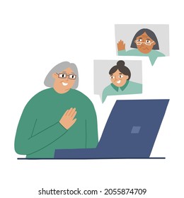 A sweet old woman communicating with her friends on a laptop at home. Online communication, modern technology and the concept of old age. Vector illustration in flat style on white background.