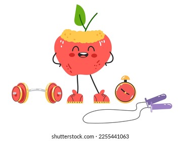 Sweet one apple athlete character doing fitness workout sport. Vector cartoon graphic design element illustration
