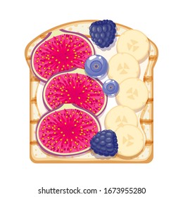 Sweet open sandwich with banana, blueberry, blackberry and fig slices. Breakfast or lunch meal vector illustration.