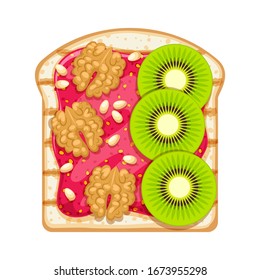 Sweet open sandwich with straberry jam, kiwi slices and walnut. Breakfast or lunch meal vector illustration.