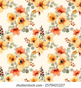 Sweet orange flower watercolor seamless pattern on white background. 