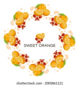 Sweet orange. Fresh fruit. Round frame.Tropical fruits, cute crab with slice of ripe orange. Fresh fruits, red crab. Design for poster, postcard, advertising flyer. Vector illustration