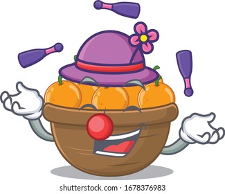 A sweet orange fruit basket mascot cartoon style playing Juggling