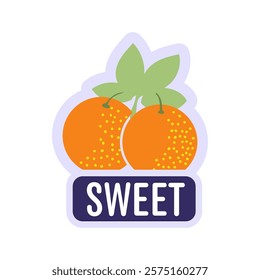 Sweet orange fruit sticker in flat design. Vector illustration isolated.