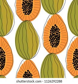 Sweet orange and green color exotic papaya halfs and slices abstract repeating vector pattern in scandinavian style on a white background