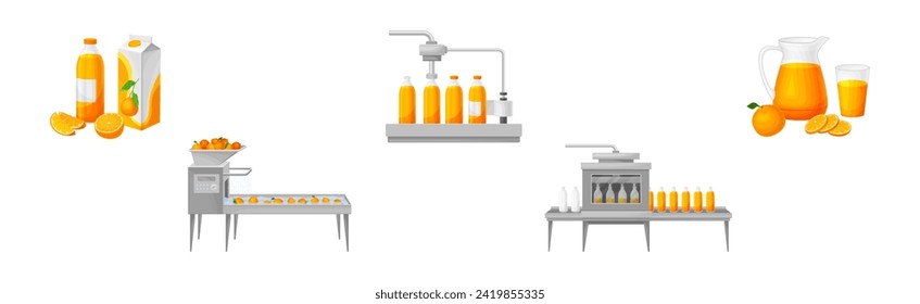 Etapas de producción de jugo de naranja dulce conjunto de iluminación de vectores