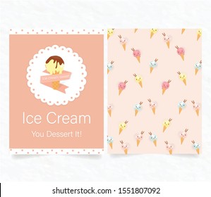 the sweet orange pastel paper background ice cream card put on lace tag.back side decorate with faces cone yummy food.there are wording you dessert it on front.template for bakery cafe business. 