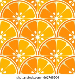 Sweet orange slices seamless pattern.  Japanese half-circle style. Healthy diet concept fruit print. Fruity fish scale print. Vector illustration.