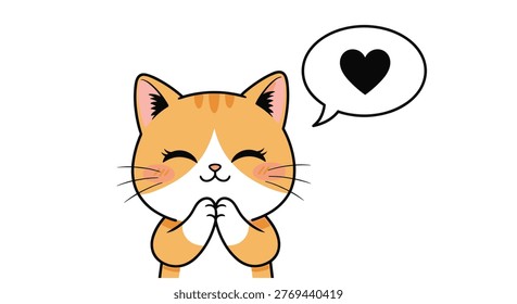 Sweet orange tabby cat with its paws together expresses love with a black heart icon inside a small speech bubble.
