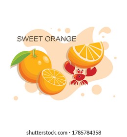 SWEET ORANGE. Tropical fruits, cute crab with slice of ripe orange. Fresh fruits, red crab