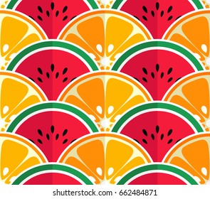 Sweet orange and watermelon slices seamless pattern.  Japanese half-circle style. Healthy diet concept fruit print. Fruity fish scale print. Vector illustration.