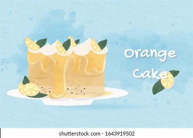 sweet orangey cake put on watercolour background.glaze sour frosting decorate on battle.food vector design for bakery cafe business card cover.cute dessert paint for party lover.