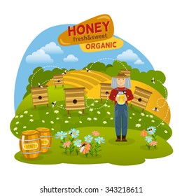 Sweet organic honey concept with hives bees and fields flat vector illustration 