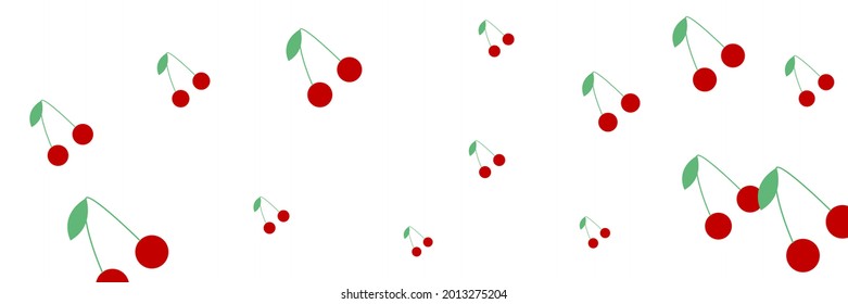 Sweet Organic Tasty Bright Dessert Berries Fruit White Pattern. Vitamin Retro Vintage Textile Healthy Pattern Print Background. Green Spring Cherries Red Colorful Summer Repeat Cute Background.