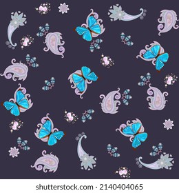 Sweet oriental seamless pattern with paisley, fluttering butterflies and small bouquets of roses on a dark purple background in vector. Romantic print for fabric in retro style.