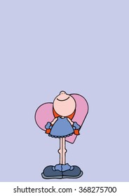 Sweet original hand drawn stock vector of a happy smiling girl in a dress holding a pink heart behind her back.