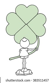 Sweet original hand drawn stock vector illustration of happy smiling boy holding a giant green four leave clover behind his back. 