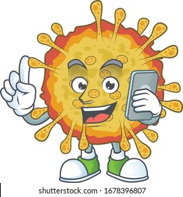 Un estilo de diseño de caricaturas de coronavirus que brota dulce hablando por teléfono