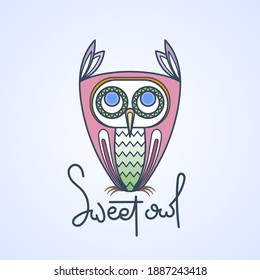 Sweet owl logo. Doodel isolated emblem design. Kids education symbol. Vector illustration