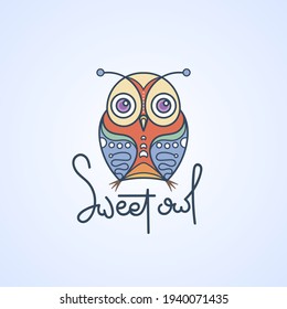 Sweet owl logo. Doodel isolated emblem design. Kids education symbol. Vector illustration
