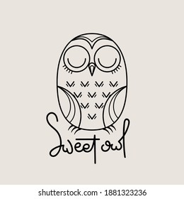 Sweet owl outline logo. Doodel isolated emblem design. Kids education symbol. Vector illustration