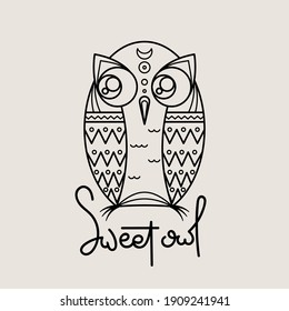 Sweet owl outline logo. Doodel isolated emblem design. Kids education symbol. Vector illustration