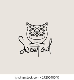 Sweet owl outline logo. Doodel isolated emblem design. Kids education symbol. Vector illustration