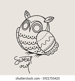 Sweet owl outline logo. Doodel isolated emblem design. Kids education symbol. Vector illustration
