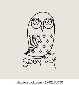 Sweet owl outline logo. Doodel isolated emblem design. Kids education symbol. Vector illustration