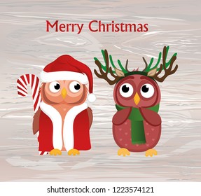 A sweet Owlet boy in a deer suit wants to give a Christmas candy gift to a girl in Santa Claus costume. She is embarrassed and waiting. Greeting card for the new year. Vector on wooden back.