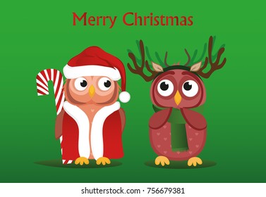 A sweet Owlet boy in Santa Claus suit wants to give a Christmas candy gift to a girl  in a deer costume. She is embarrassed and waiting. Greeting card for the new year. Empty place for  text. Vector