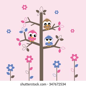 sweet owls sitting in a tree wall decoration or cover