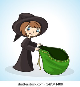 sweet painted girl in witch costume, collecting candy on Halloween