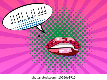 Sweet Pair Of Glossy Vector Lips. Open Sexy Wet Red Lips With Teeth Warhol Style Poster, Expression Text HELLO. Vector Illustration, Vintage Design, Pop Art Style.