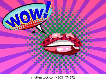 Sweet Pair Of Glossy Vector Lips. Open Sexy Wet Red Lips With Teeth, Expression Text WOW. Vector Illustration, Vintage Design, Pop Art Style, Warhol Style Poster