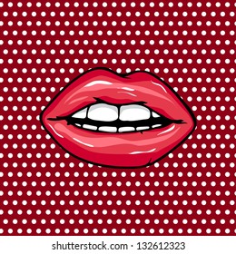 Sweet Pair of Glossy Vector Lips. Open Sexy wet red lips with teeth pop art set backgrounds, eps 10