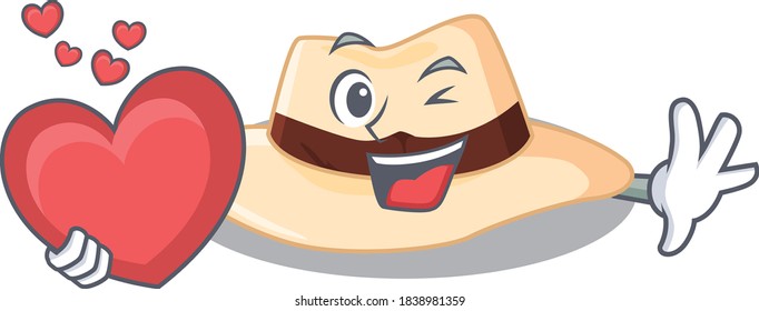 A sweet panama hat cartoon character style holding a big heart
