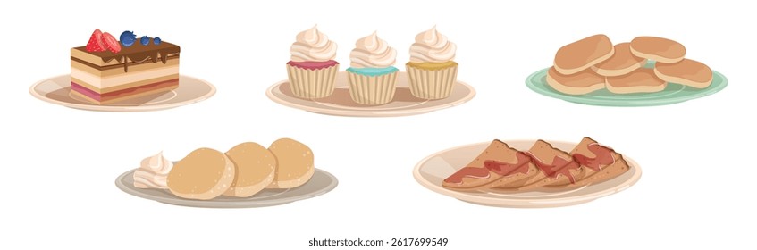 Sweet Pancake and Dessert with Cream Vector Set