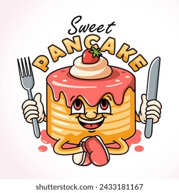 Sweet Pancake holding fork and knife cake retro mascot character. Perfect for logos, mascots, t-shirts, stickers and posters