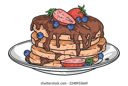 Sweet pancake logotype colorful detailed morning snack with crepes drizzled with chocolate sauce with blueberry pieces and strawberries vector illustration