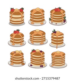 
Pilhas de panquecas doces com várias coleção de coberturas