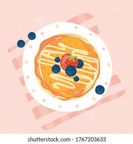 Crepes dulces con crema, fresas y arándanos, vista de arriba. Panqueques con bayas sobre plato blanco. Hornear con jarabe o miel. Desayuno de verano o brunch. Ilustración vectorial dibujada a mano.