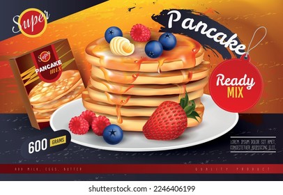 Sweet pancakes. Honey baking food ad box. Advertising of waffle with butter and fruits. Bakery snacks stack on plate. Dessert cooking dough mix. Vector realistic exact template design