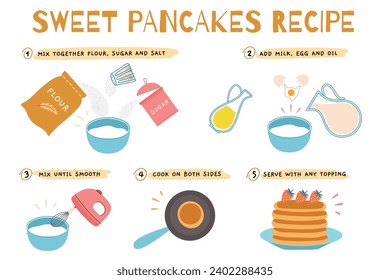 Sweet pancakes recipe. Different ingredient, sweet pastry product, baked flour tortillas, sugar, milk, eggs, tasty food, vector infographics.eps
