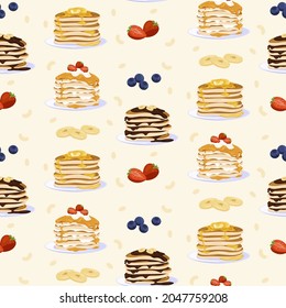 Sweet pancakes seamless pattern vector flat illustration. Treat baking delicious decorated by butter, berries, fruits, whipped cream, maple syrup. Wallpaper template with homemade appetizing dessert