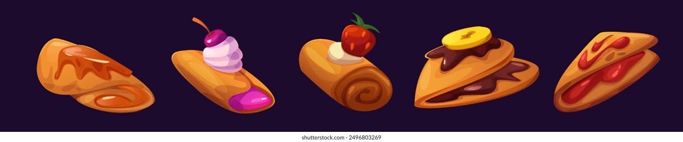 Sweet pancakes set isolated on background. Vector cartoon illustration of traditional breakfast dessert served with fruit and syrup, decorated with strawberry, cherry, banana, chocolate, caramel, jam