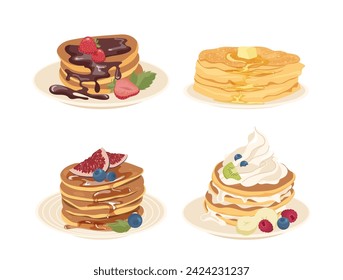 Sweet pancakes stack with honey, maple syrup, melted chocolate topping, whipped cream on plate