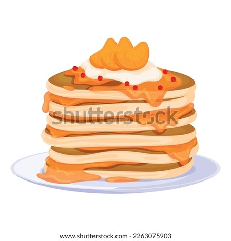 Sweet pancakes stack with orange slices creamy berries and jam on serving plate vector illustration. Baking traditional breakfast delicious dessert syrup honey and fruit fluffy American morning food