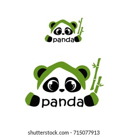 Sweet panda with bamboo. Logo in a children's style with an animal on a white background. Vector illustration