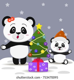 Sweet panda with a bow and panda kid in a Santa cap near the Christmas tree and a box with a gift, in a cartoon style. Vector, flat design.